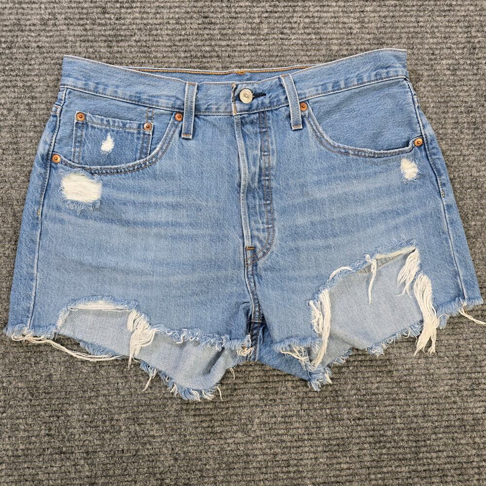 Levis 501 Shorts Womens W31 Blue Distressed Cutoff Button Fly